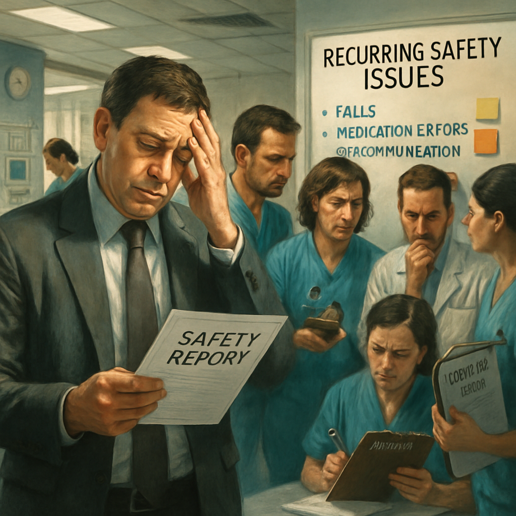 A healthcare leader reviewing a safety report with a team, reflecting on recurring issues and discussing ways to build a culture of learning and prevention.