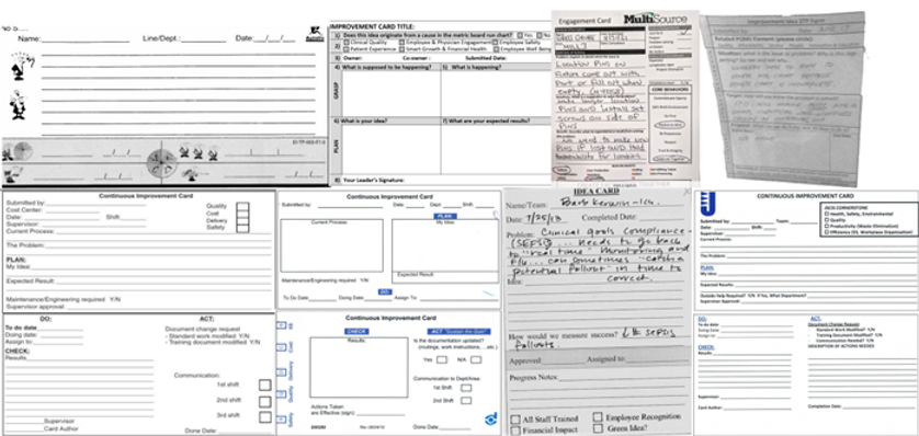 Idea Cards to improve Process: Safety, Quality, Ease of Doing, Ease of Learning, and Efficiency